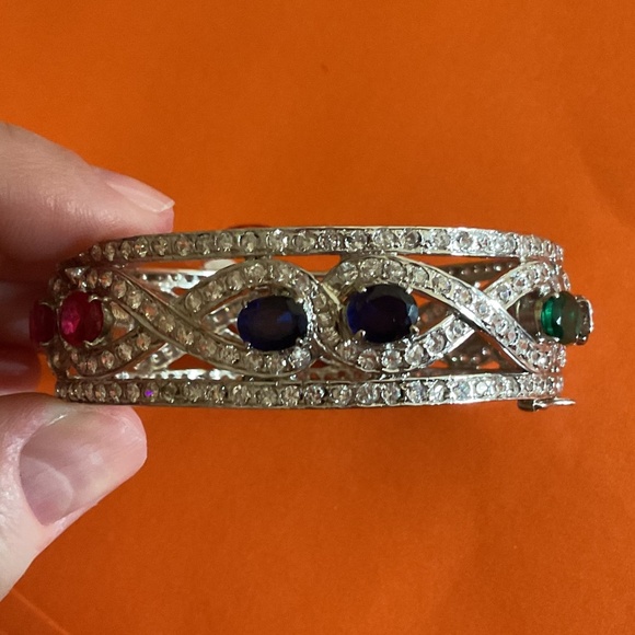 NWT Sterling Silver 925 Genuine Ruby/Emerald/Sapphire White Crystal wide bracele - Picture 9 of 15